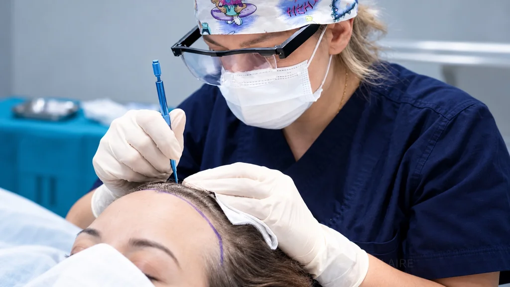 Greffe de cheveux femme à Paris — Intervention NOVA Capillaire Une membre de l’équipe NOVA Capillaire pendant une intervention de greffe de cheveux chez une femme.