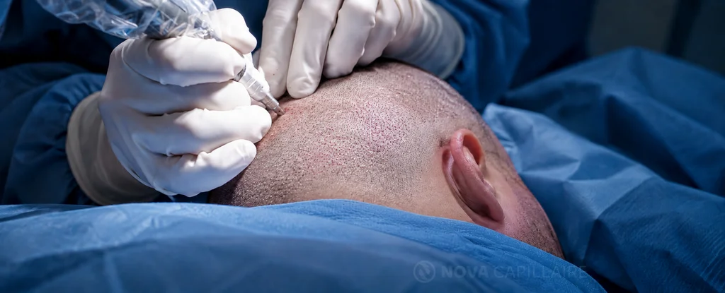 Prélèvement FUE avec le Punch Contour Notre équipe utilise le Punch Contour dans la zone donneuse pendant une intervention FUE chez NOVA.