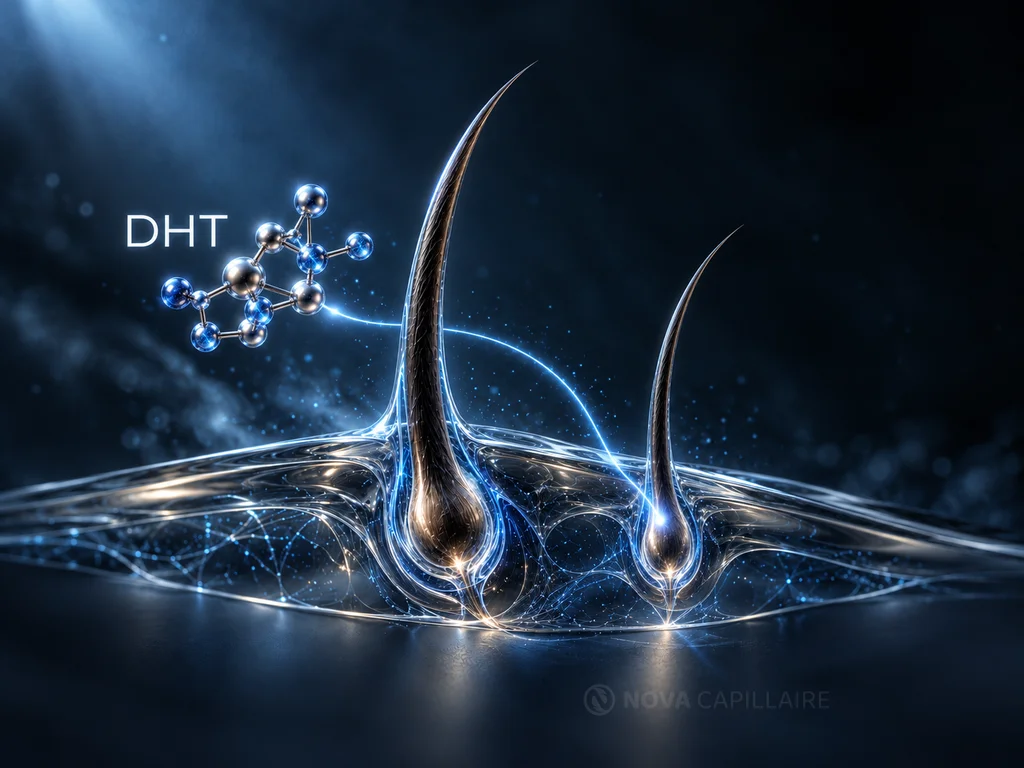 DHT et chute de cheveux : illustration futuriste Illustration futuriste générée de deux follicules et d’un élément moléculaire stylisé marqué DHT ; ni patient ni structure chimique exacte.