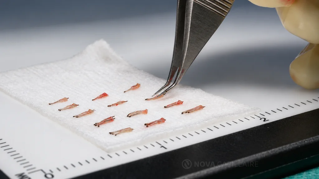 Greffons capillaires disposés sur une compresse graduée, avec une pince de précision.