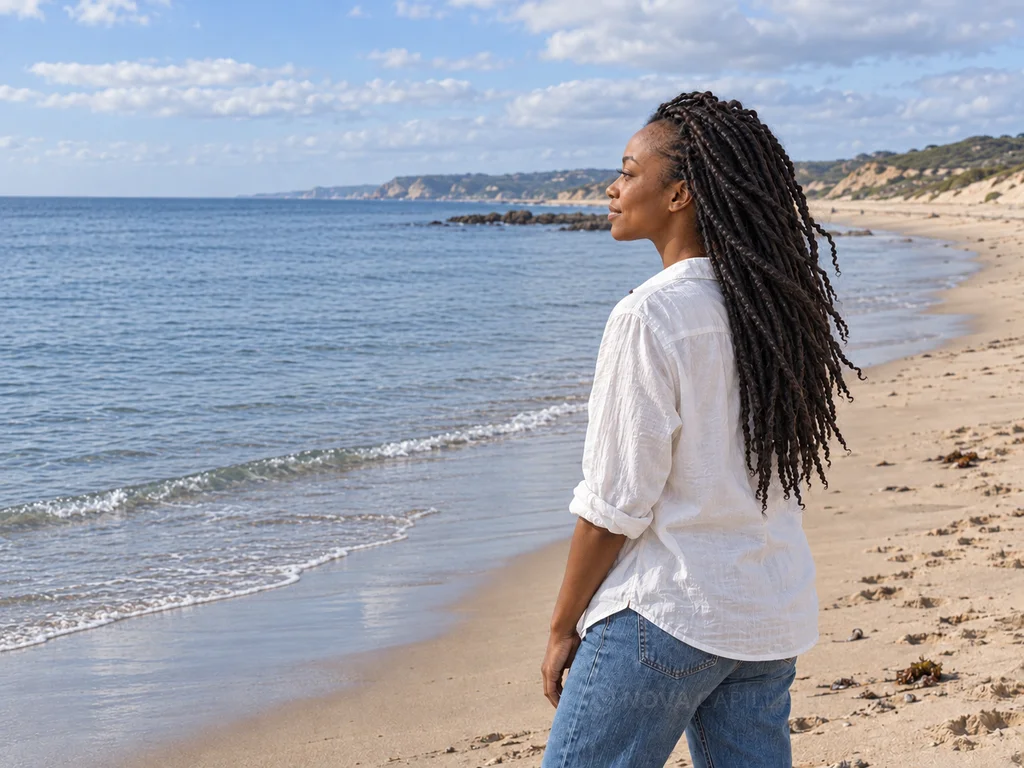 Femme noire portant des tresses, de profil sur une plage.