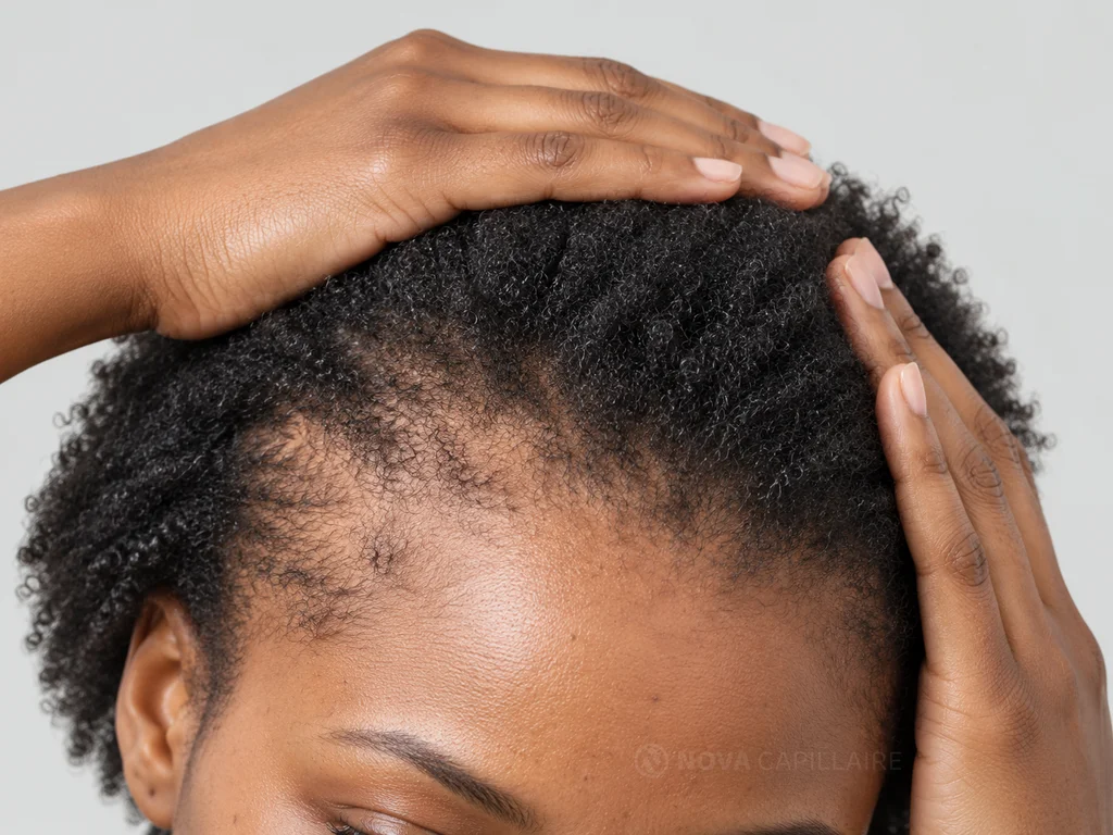 Exemple de raréfaction des cheveux à la ligne frontale et aux tempes.