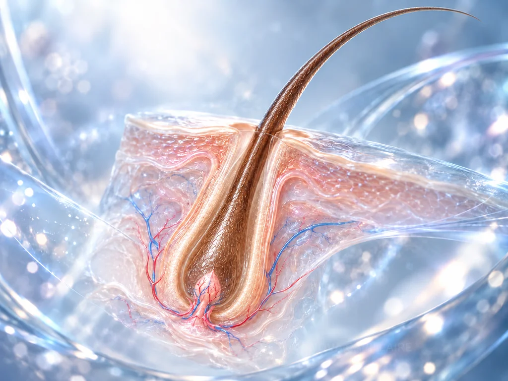 Hair follicle and shaft — NOVA Cutaway view of a hair follicle with a continuous shaft and a bulb at its base.