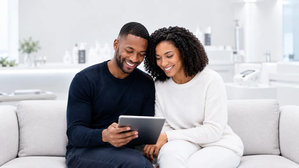 Cheveux crépus : comprendre le projet de greffe Couple aux cheveux crépus et bouclés regardant une tablette.