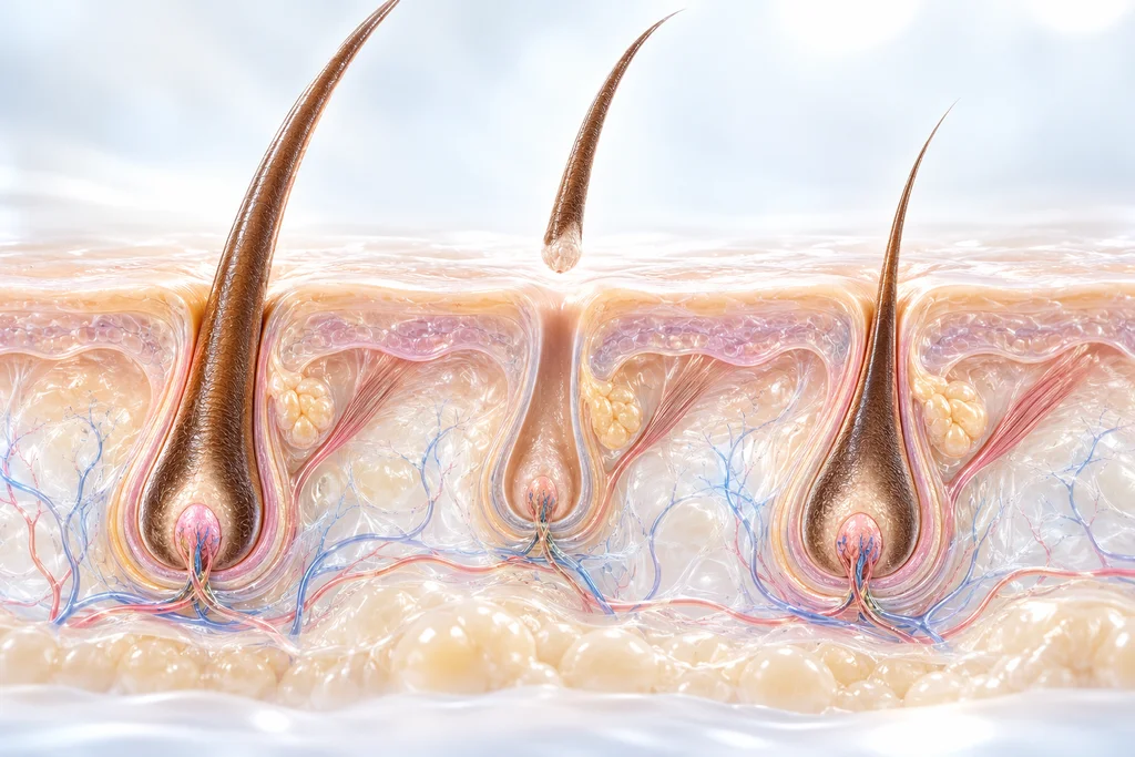 Shaft release, follicle retained — NOVA The hair shaft is released while the follicle remains in the skin.