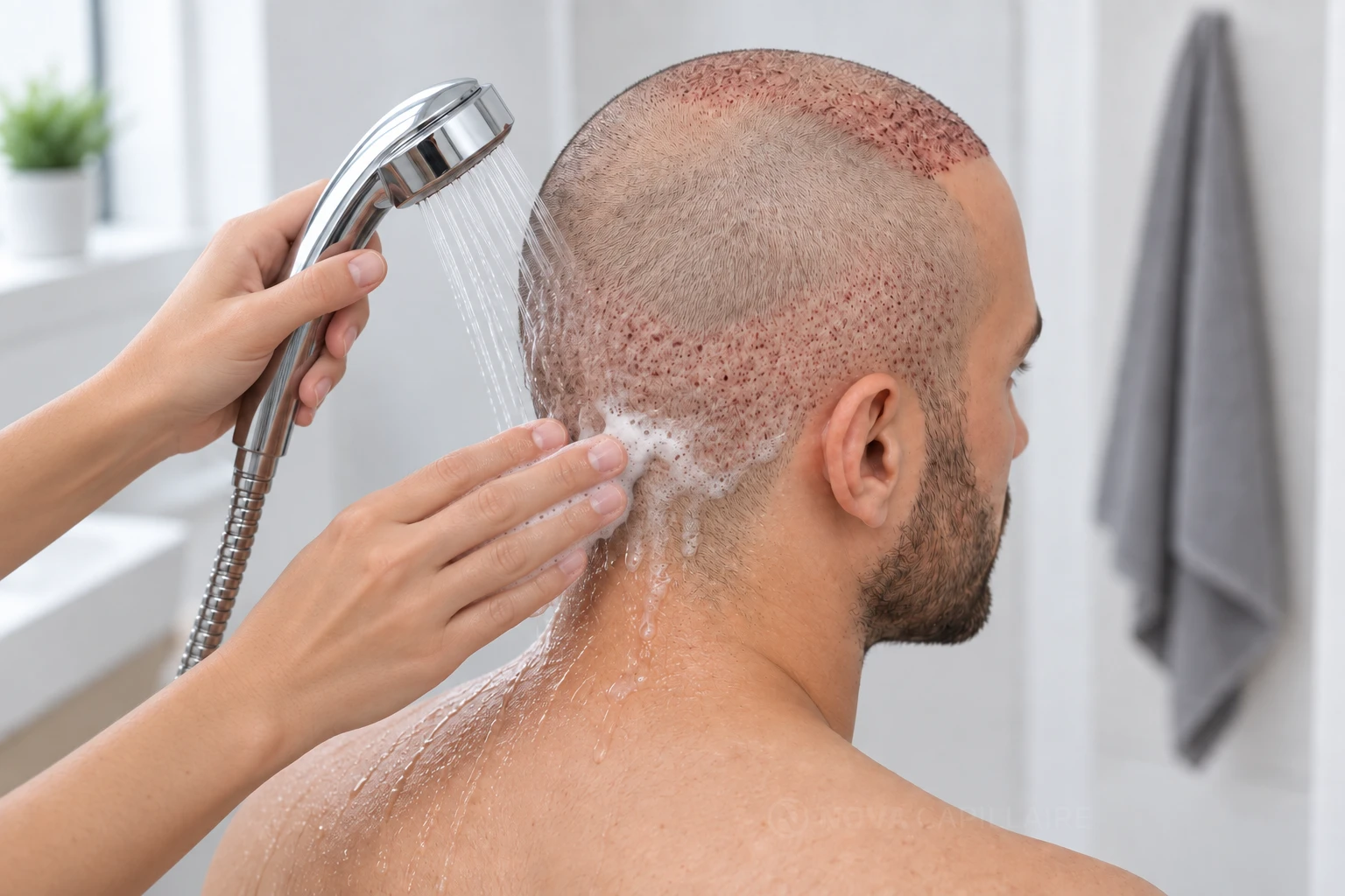 Lavage de l’arrière et des côtés : gardez le shampoing et l’eau de rinçage à l’écart des greffons.