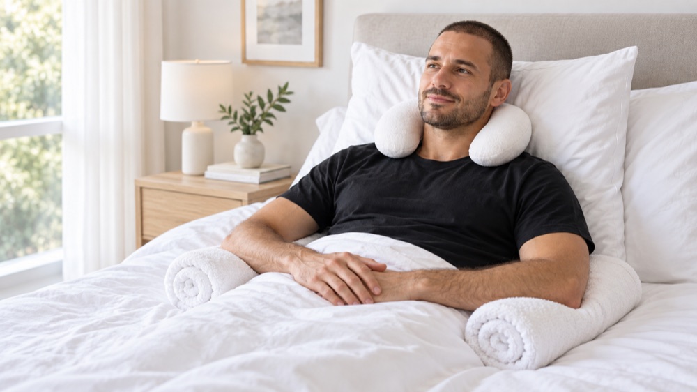 Illustration : homme au repos avec des serviettes roulées sous les avant-bras.