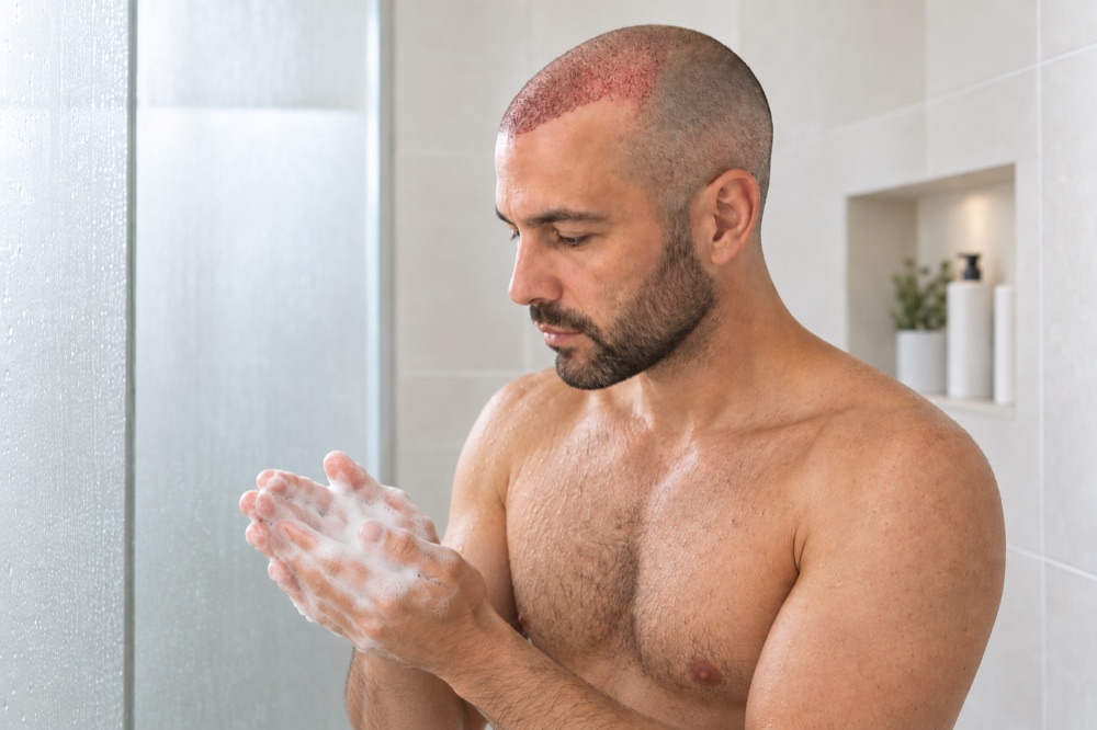 Illustration du shampoing après greffe : préparer la mousse.