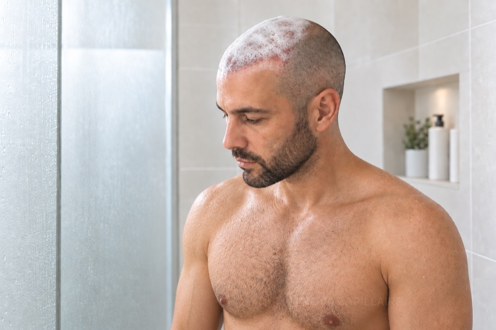 Illustration du shampoing après greffe : laisser agir 2 minutes.