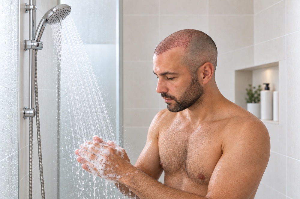 Illustration du shampoing après greffe : mains propres.