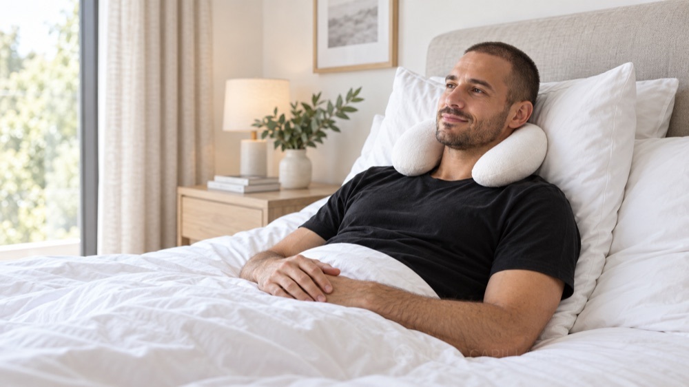 Illustration : homme au repos avec des oreillers et un coussin cervical.