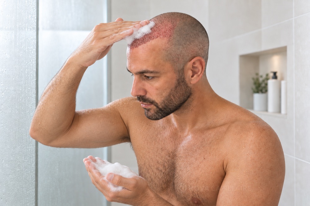 Illustration du shampoing après greffe : déposer doucement.