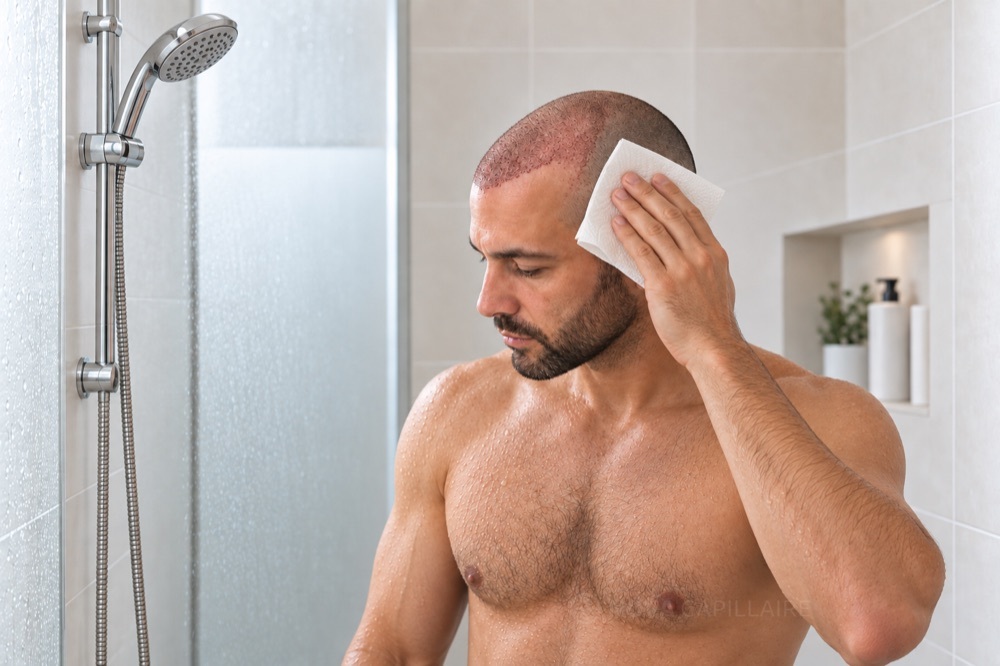 Illustration du shampoing après greffe : sécher sans frotter.