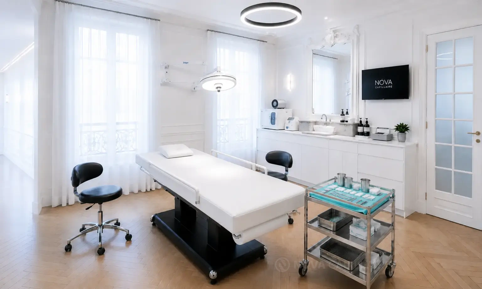 Salle de soins lumineuse du centre NOVA Capillaire à Paris