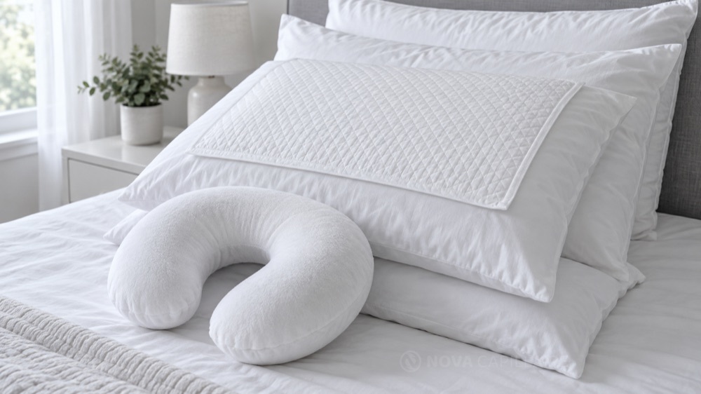 Protection absorbante posée sur un oreiller, à côté d’un coussin cervical.