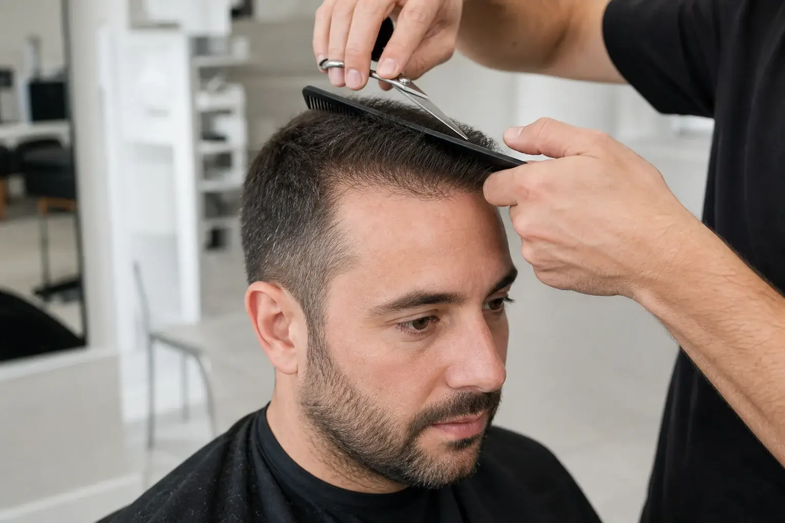 Coiffeur utilisant des ciseaux sur la zone greffée après le délai de cicatrisation