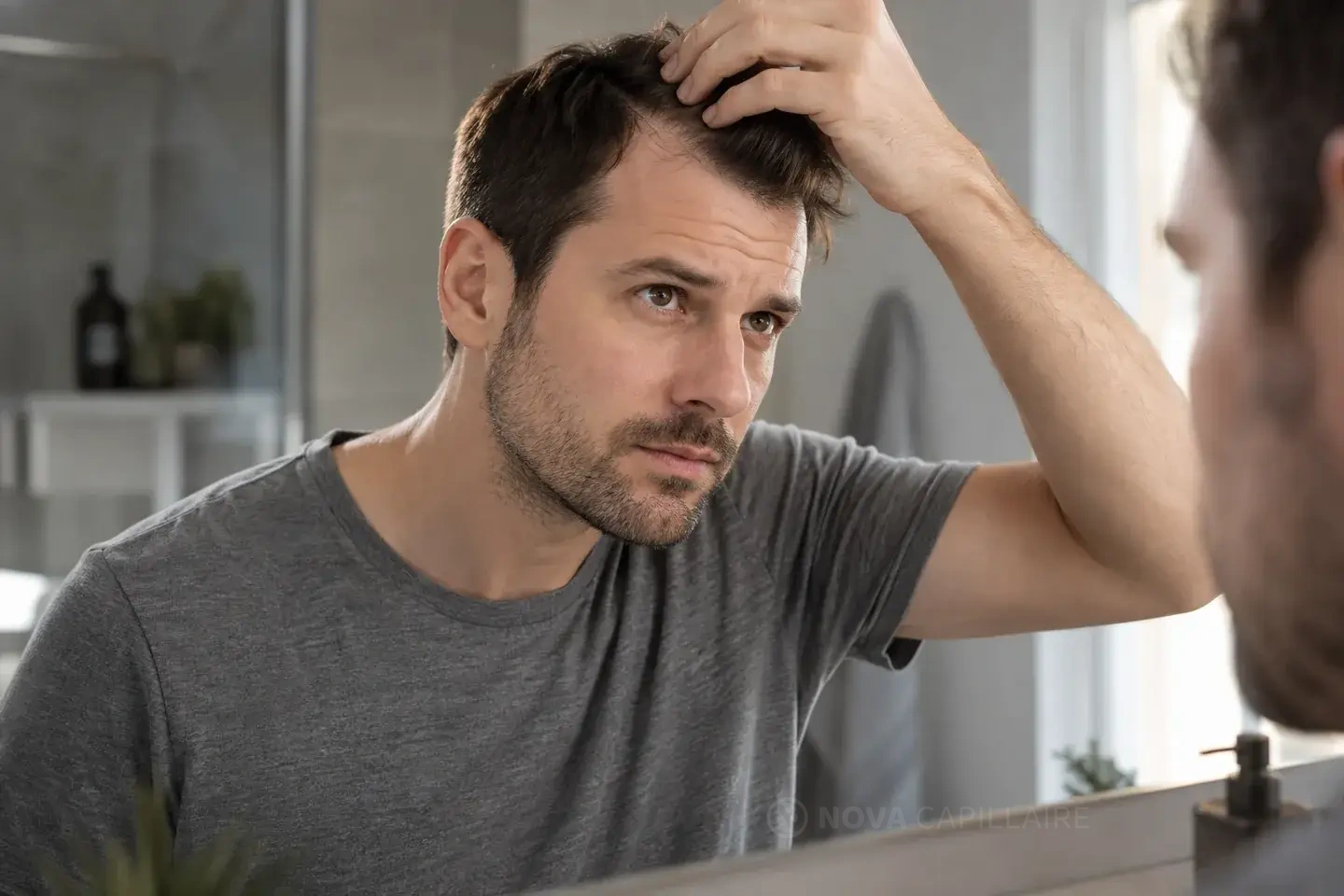 A man observes his scalp in a mirror — AI-generated illustration.
