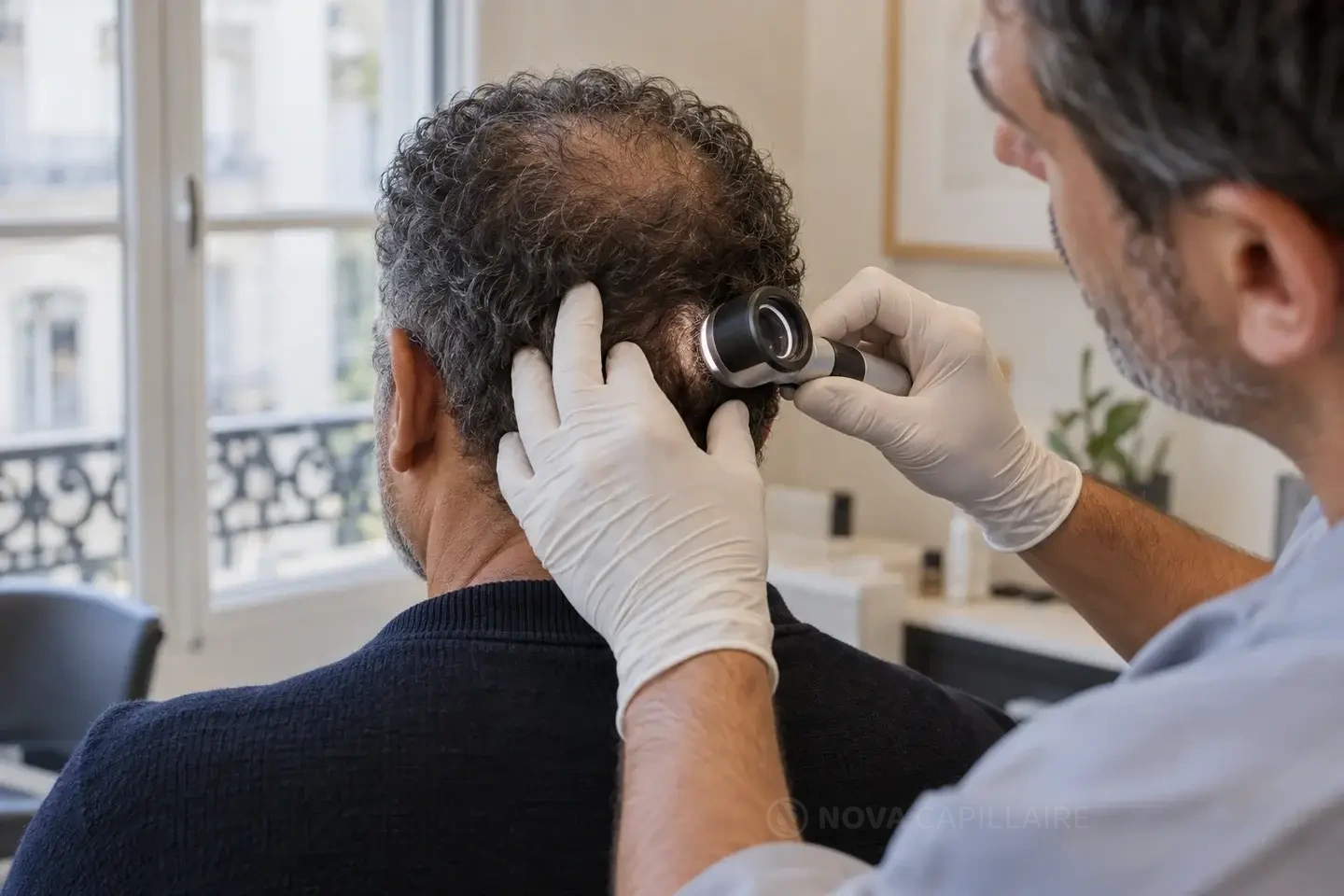 Examen de l’arrière du cuir chevelu au dermatoscope dans un cabinet.