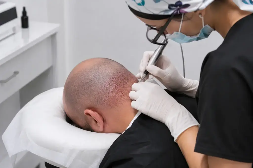 Extraction des greffons dans la zone donneuse lors d’une greffe FUE Saphir