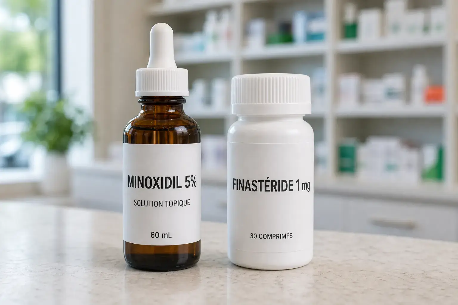 Flacons de finastéride 1 mg et de minoxidil 5 % posés sur un comptoir de pharmacie lumineux.