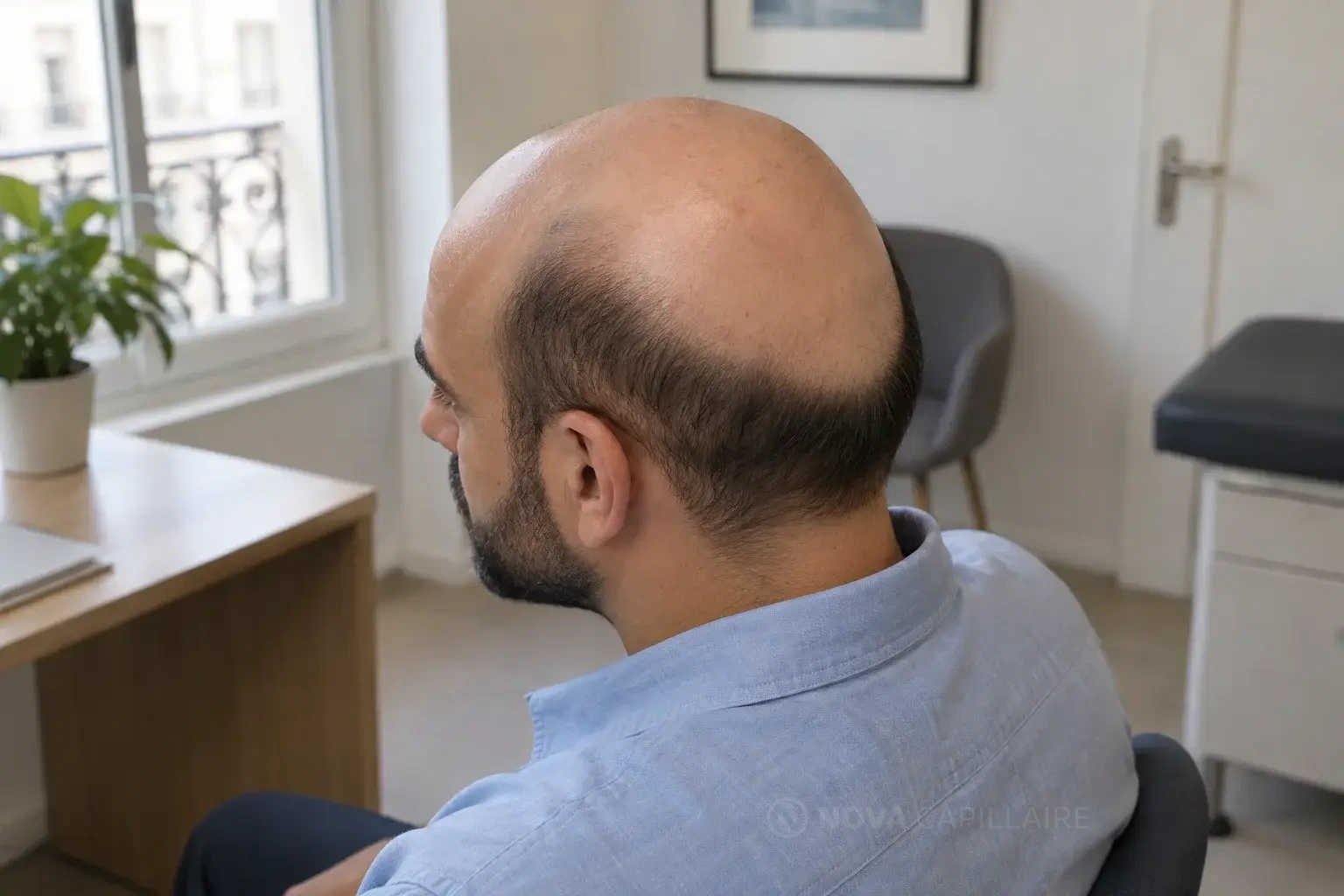 Indicative illustration of very extensive hair loss, rear view.
