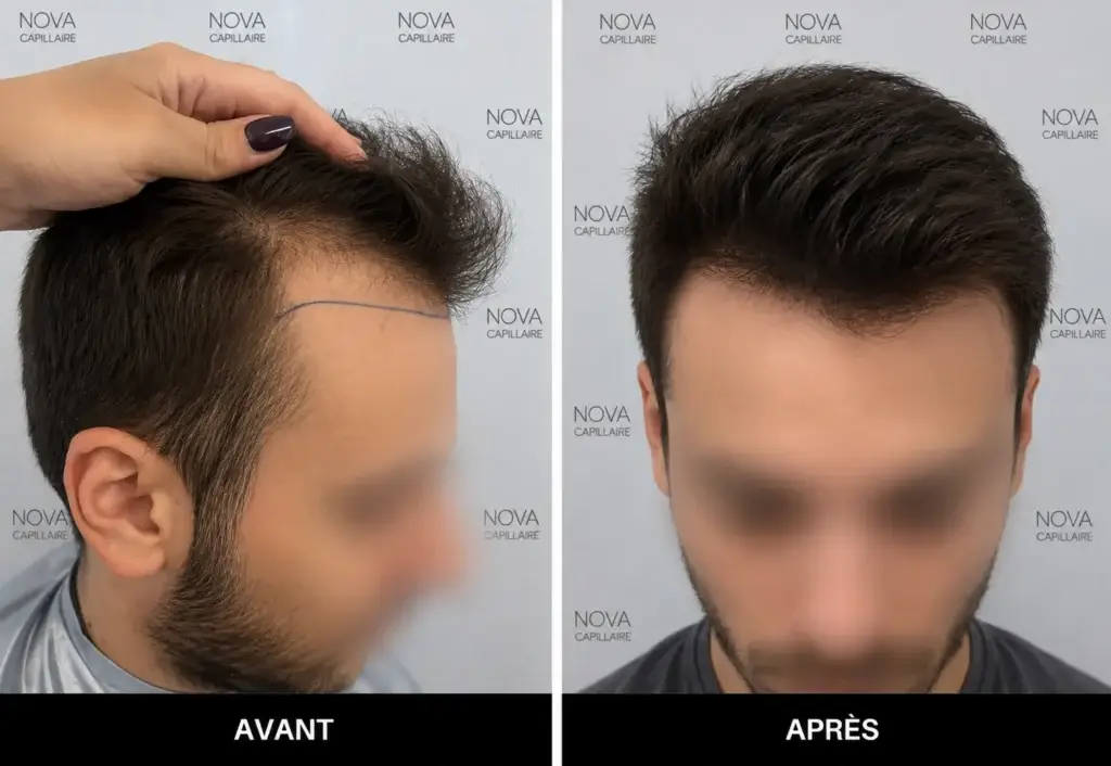 Comparaison avant-après montrant la repousse après une greffe de cheveux — cas 15