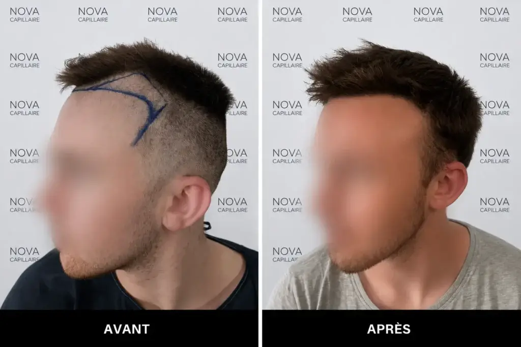 Comparaison avant-après montrant la repousse après une greffe de cheveux — cas 18