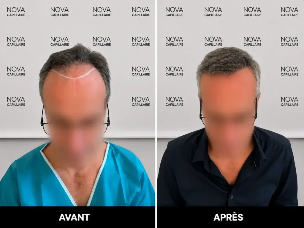Comparaison avant-après montrant la repousse après une greffe de cheveux — cas 30