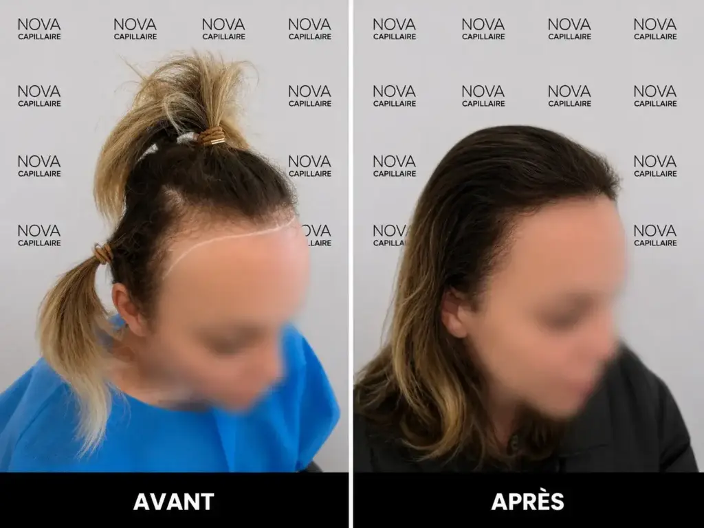 Comparaison avant-après montrant la repousse après une greffe de cheveux — cas 32