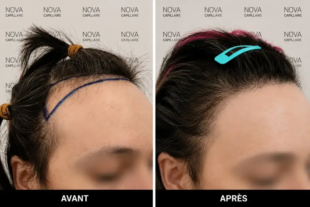 Comparaison avant-après montrant la repousse après une greffe de cheveux — cas 35