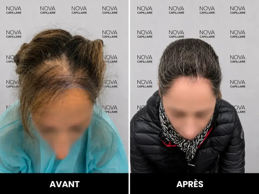 Comparaison avant-après de la densité capillaire d’une patiente après une greffe de cheveux