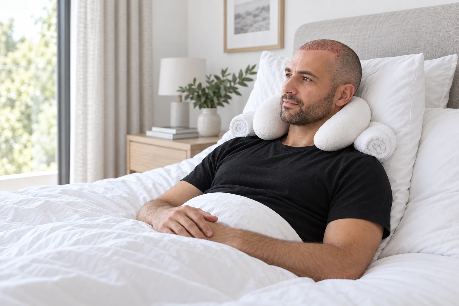 Illustration: torso and head elevated, travel pillow and side supports, without pressure on the grafts.