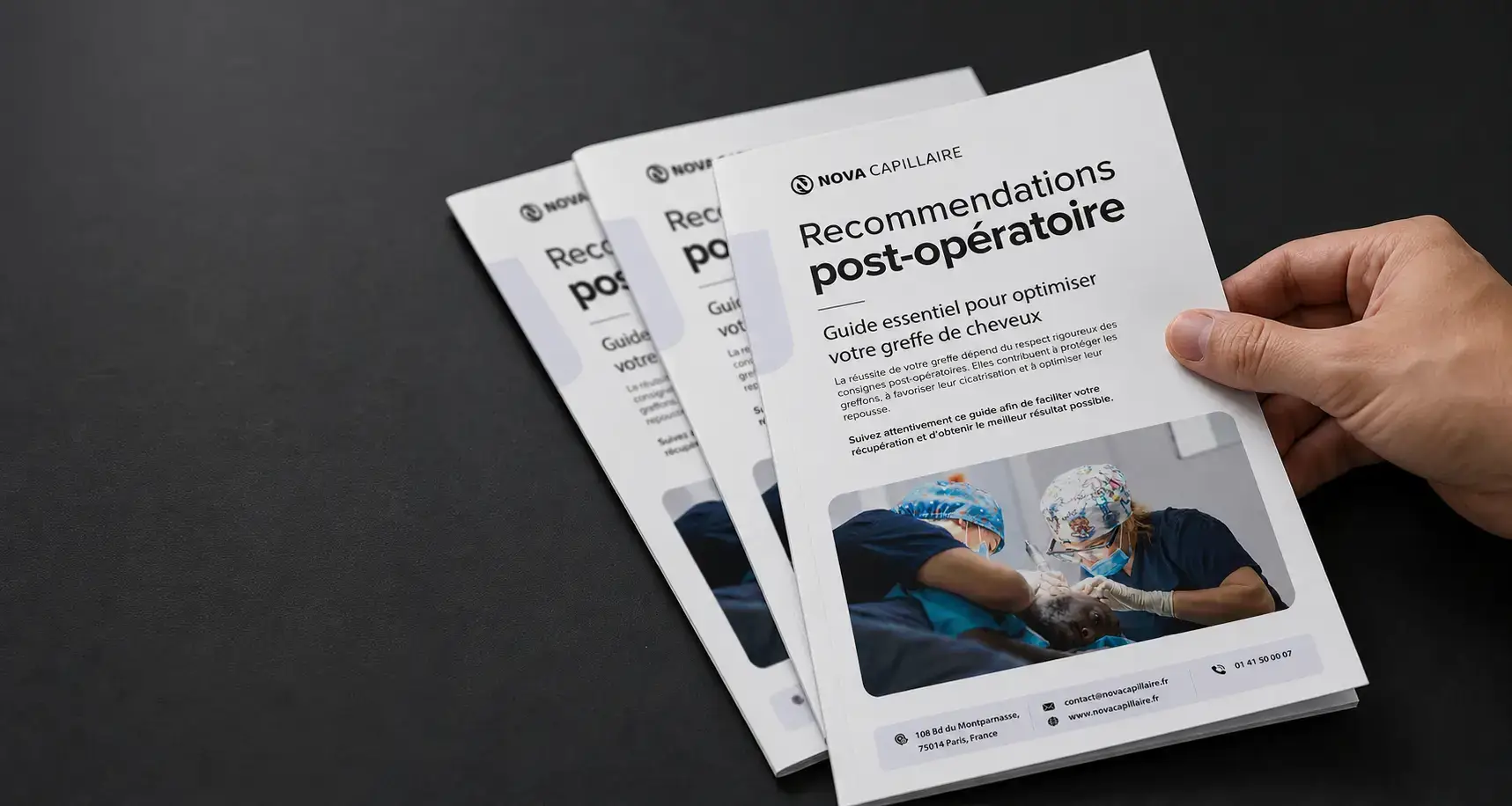 Main saisissant le guide des recommandations post-opératoires après une greffe capillaire.