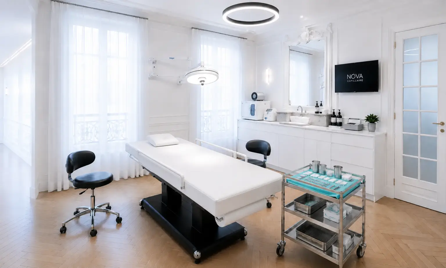 Salle de soins lumineuse du centre Nova Capillaire.