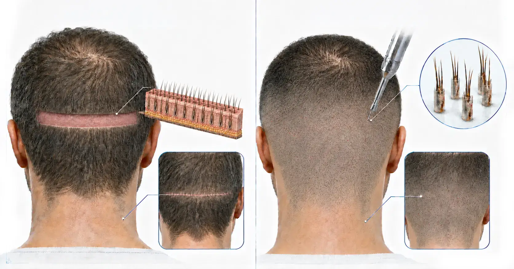 Schéma comparatif des techniques de greffe capillaire FUT par bandelette et FUE par extraction folliculaire individuelle