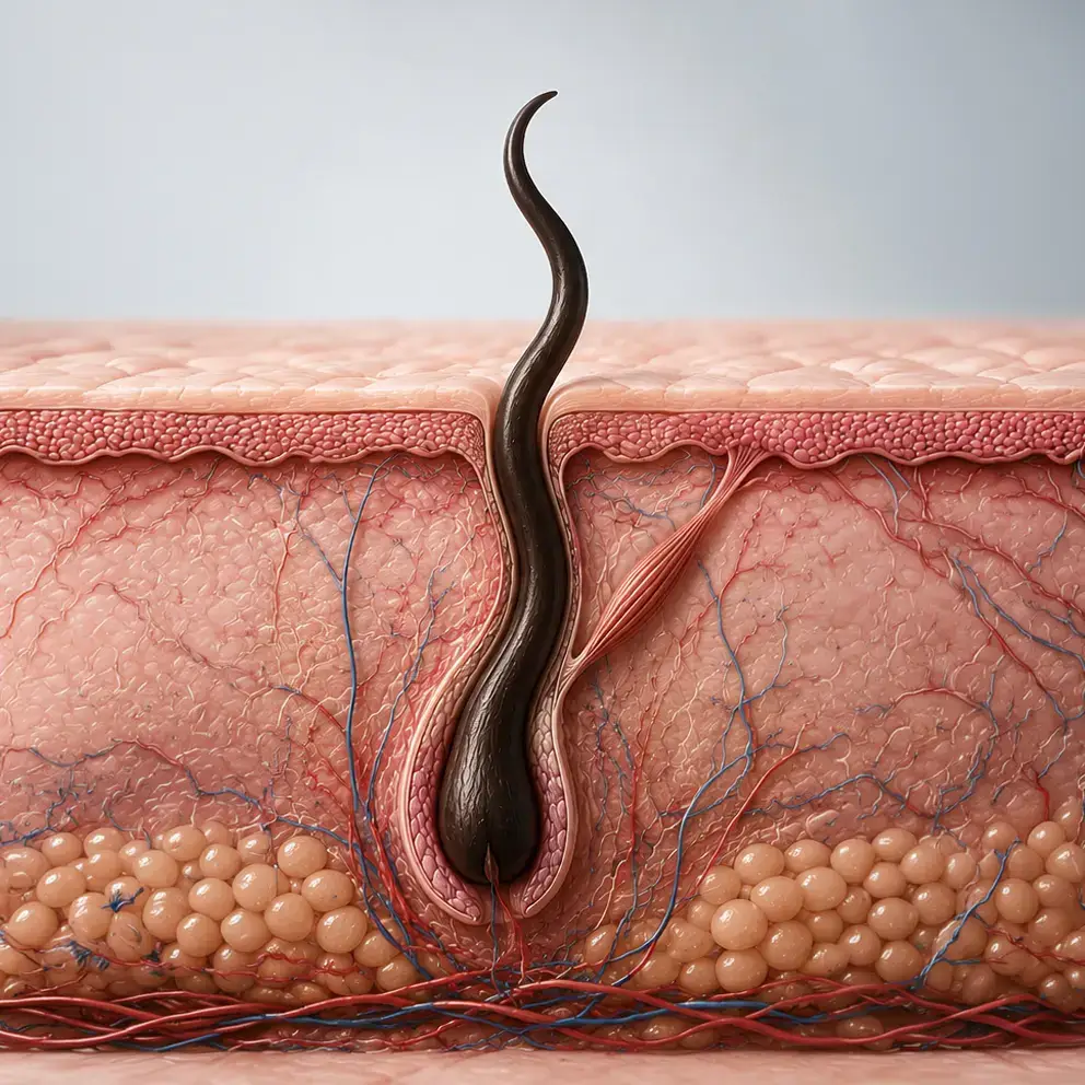 Un follicule légèrement courbé, qui demande plus de précision au prélèvement.