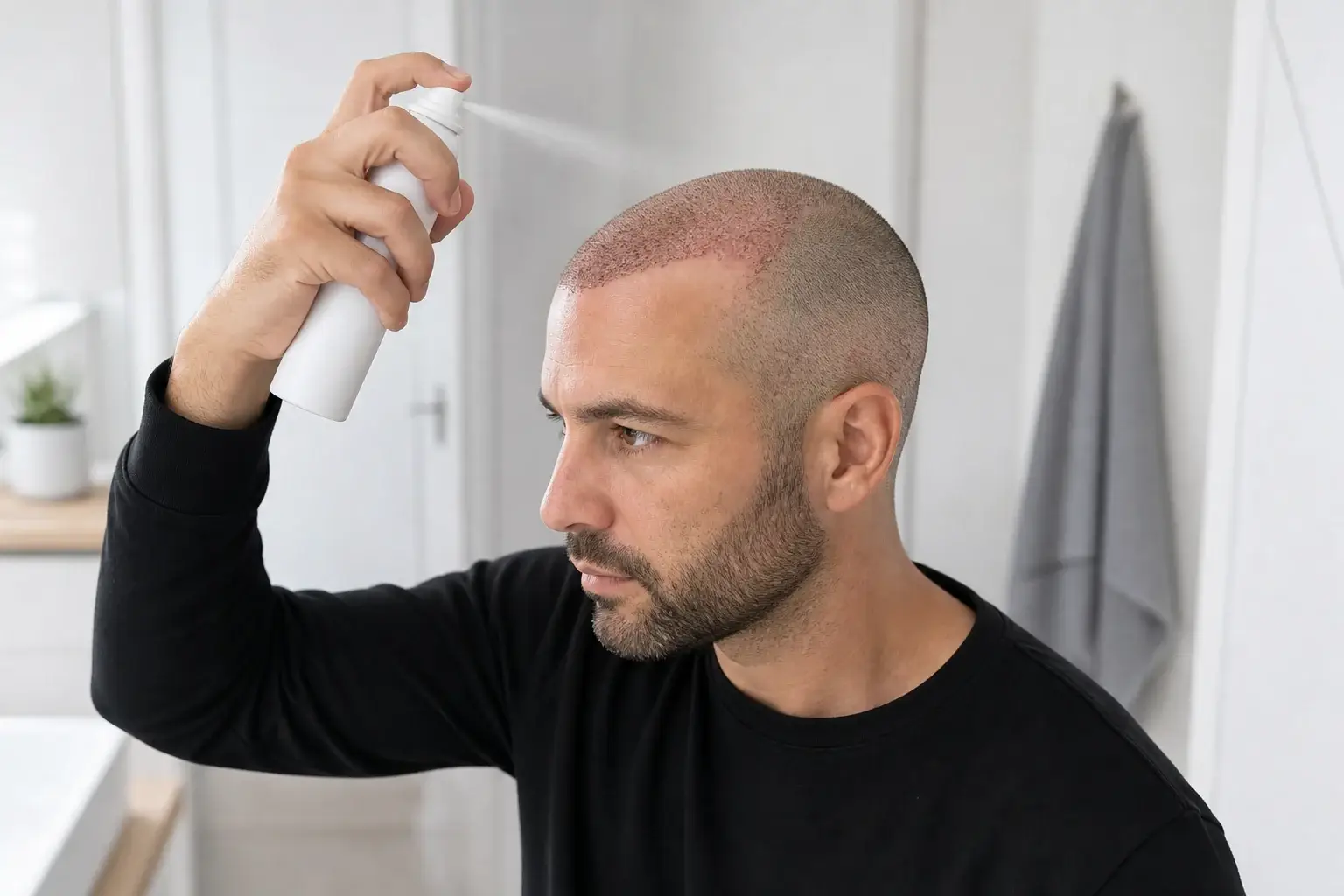 Soins après greffe de cheveux : vaporisation douce d’eau thermale sur la zone greffée